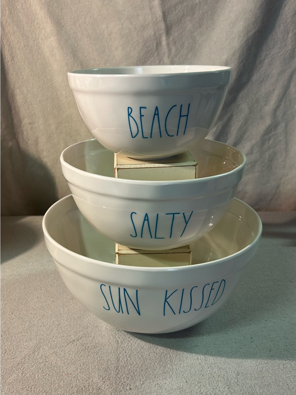 Rae Dunn White Nesting Bowls with Blue Lettering